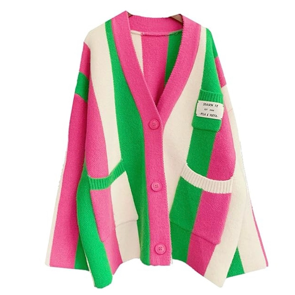 Green Pink & White Stripes Color-block Trendy Cozy Cardigan Oversized Sweater OS